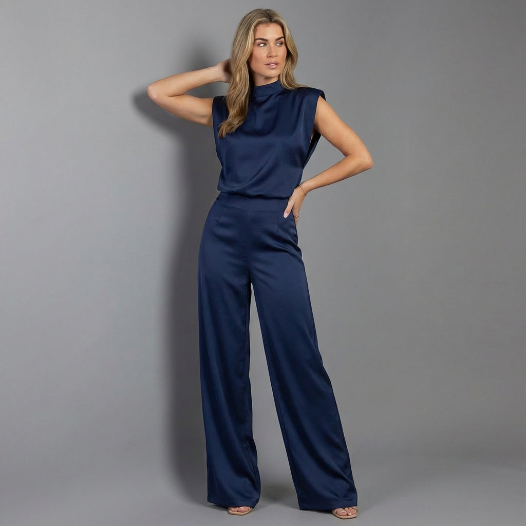 Women's burgundy satin wide-leg jumpsuit with open back