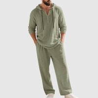 Men's Hooded Linen Co-Ord Set with Henley Top and Drawstring Trousers