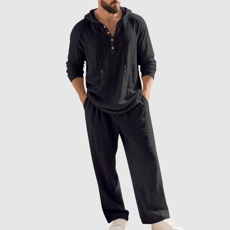 Men's green hooded linen co-ord set with Henley top