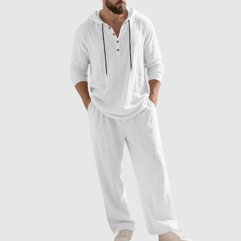 Men's green hooded linen co-ord set with Henley top