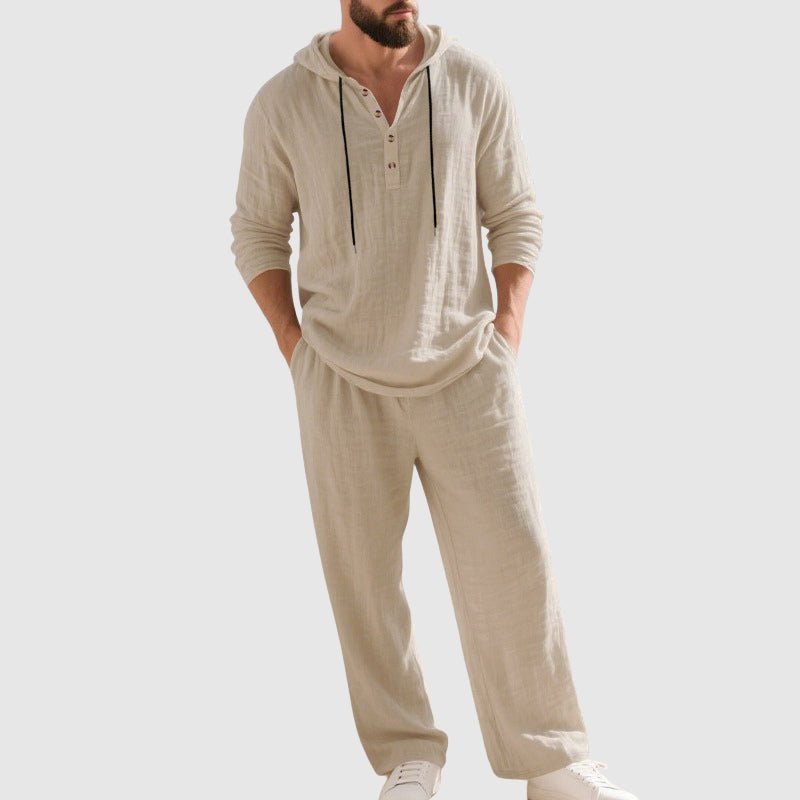 Men's green hooded linen co-ord set with Henley top