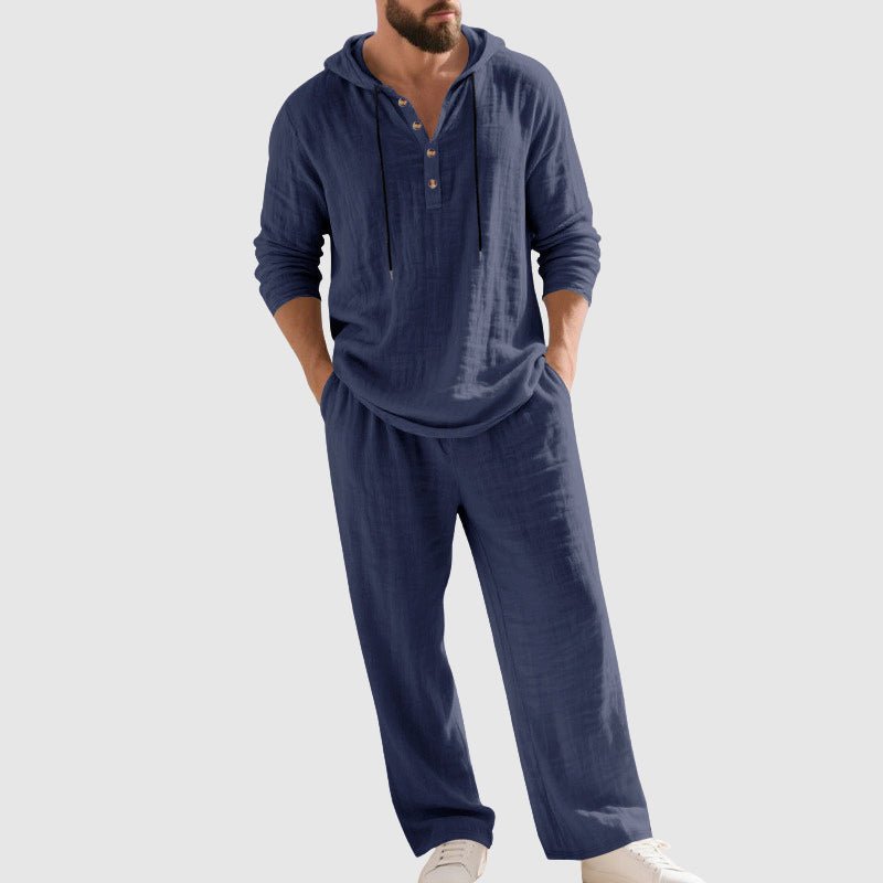 Men's green hooded linen co-ord set with Henley top