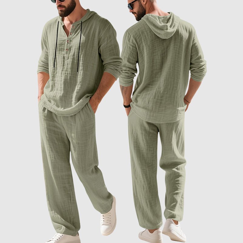 Men's black hooded linen co-ord set with Henley top