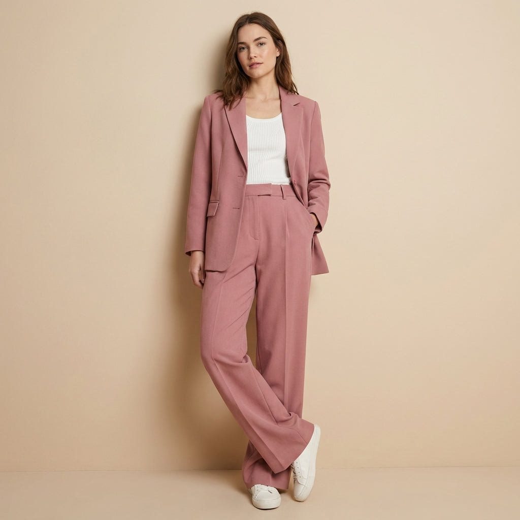 Women's pink blazer and trouser co-ord suit