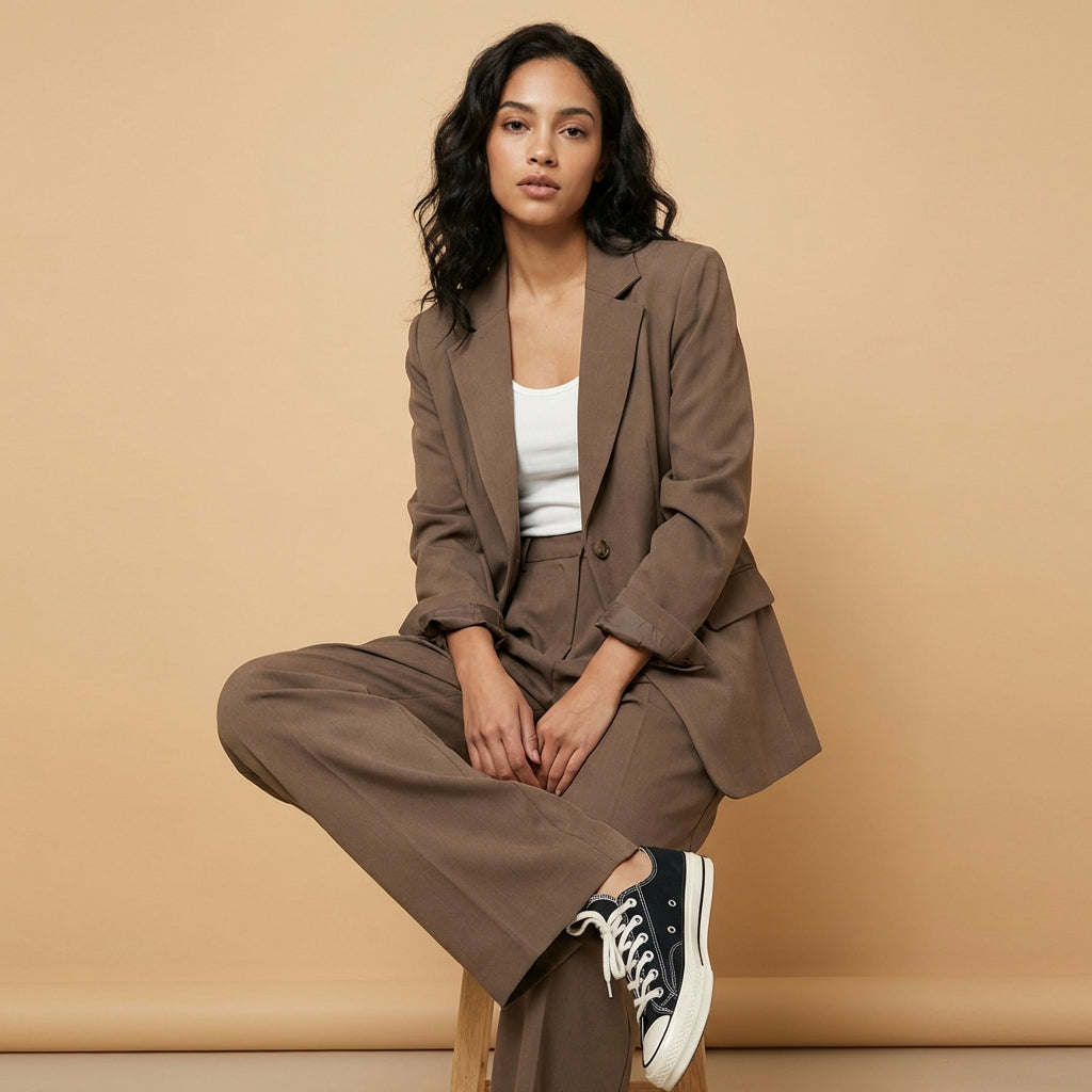 Women's khaki blazer and trouser co-ord suit