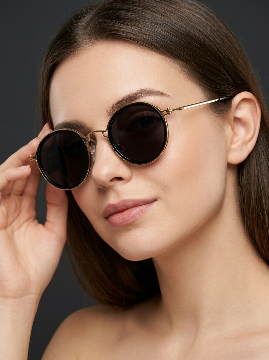 gold round metal-frame sunglasses with dark lenses