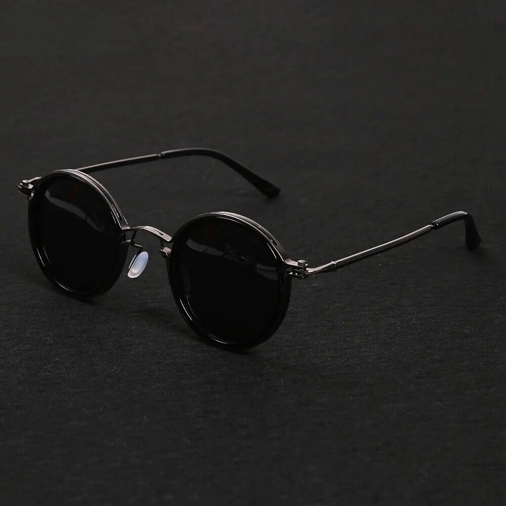 round metal-frame sunglasses with dark lenses
