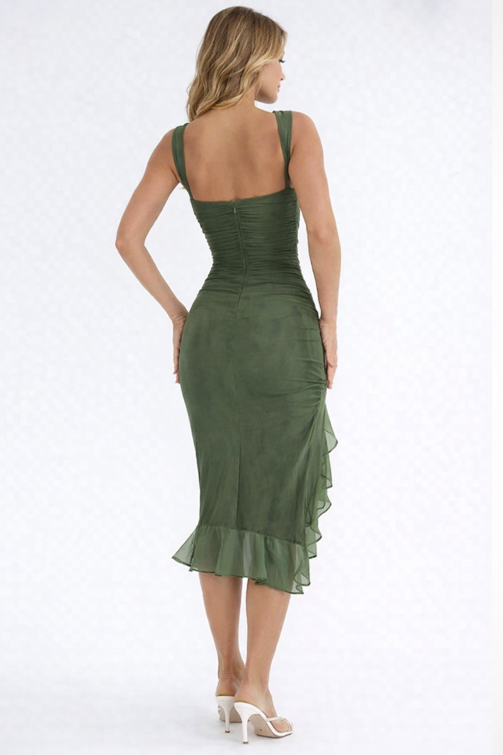Women's ruched sleeveless midi dress for wedding guests