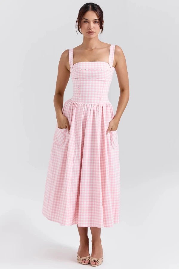 Women's strawberry pleated maxi dress with a round neck, sleeveless