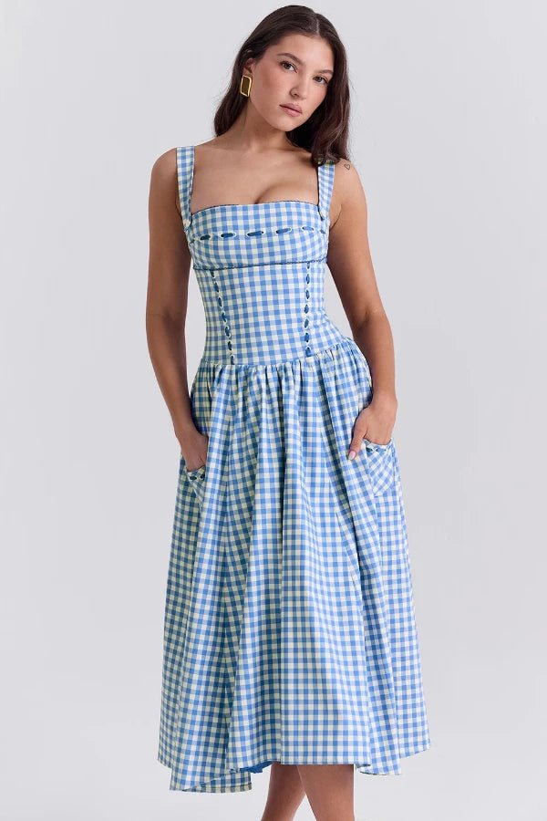 Women's strawberry pleated maxi dress with a round neck, sleeveless