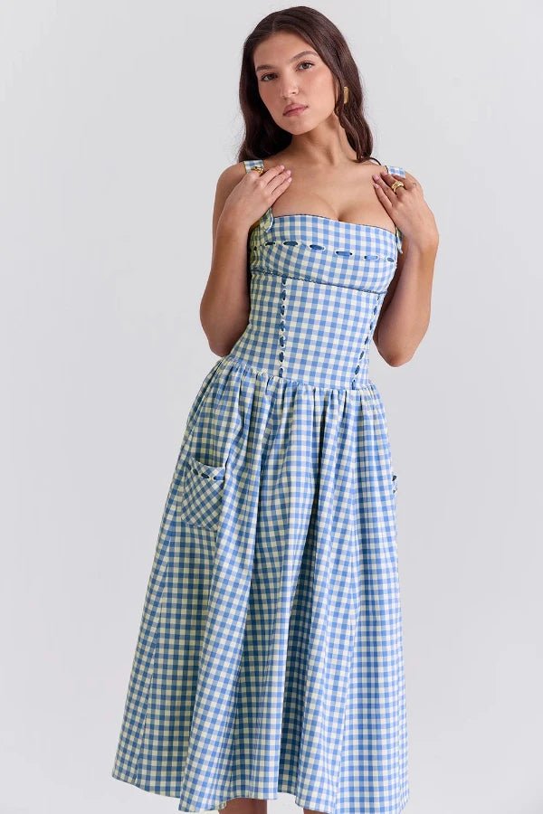 Women's strawberry pleated maxi dress with a round neck, sleeveless