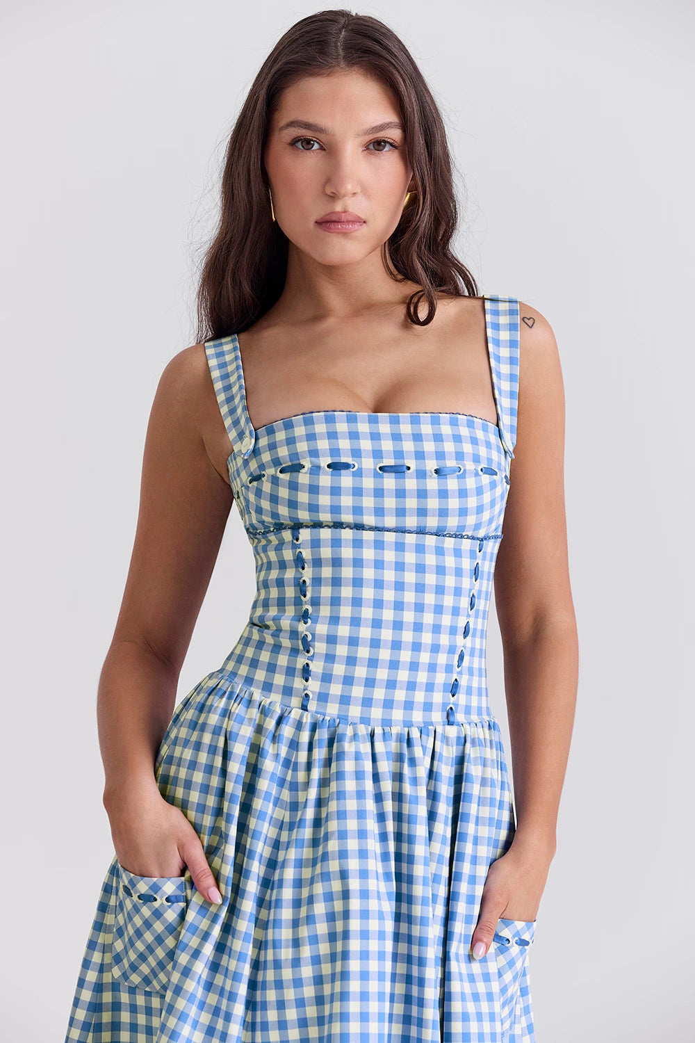 Women's regatta blue pleated maxi dress with a round neck, sleeveless