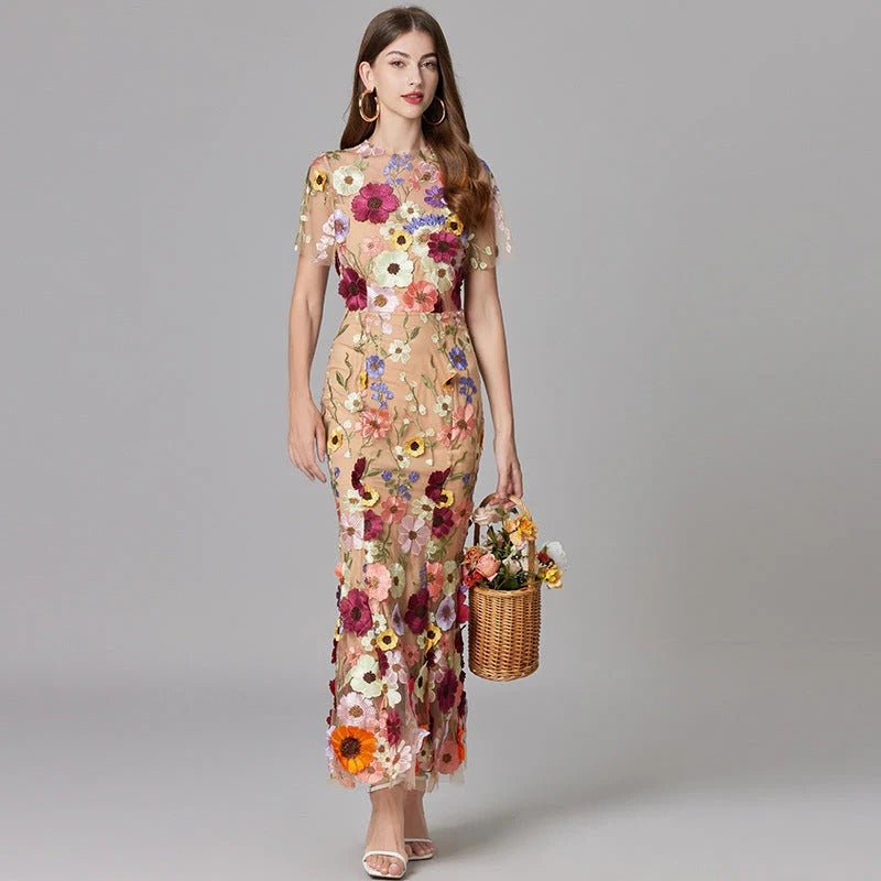 Women's yellow 3D floral applique evening maxi dress with sheer mesh overlay
