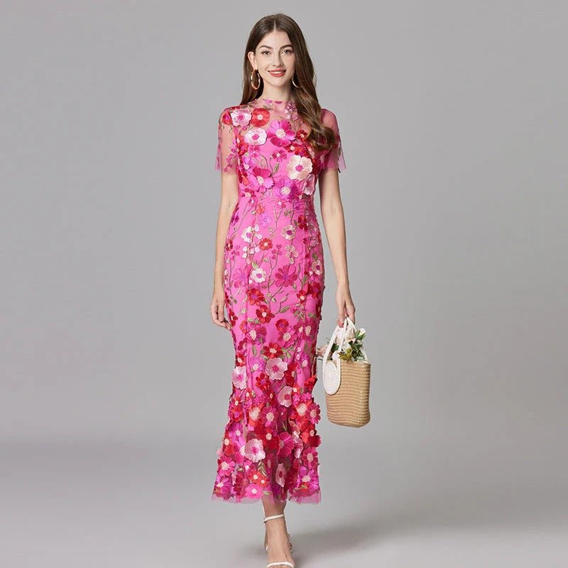 Women's yellow 3D floral applique evening maxi dress with sheer mesh overlay