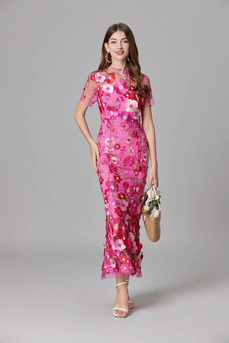 Women's yellow 3D floral applique evening maxi dress with sheer mesh overlay