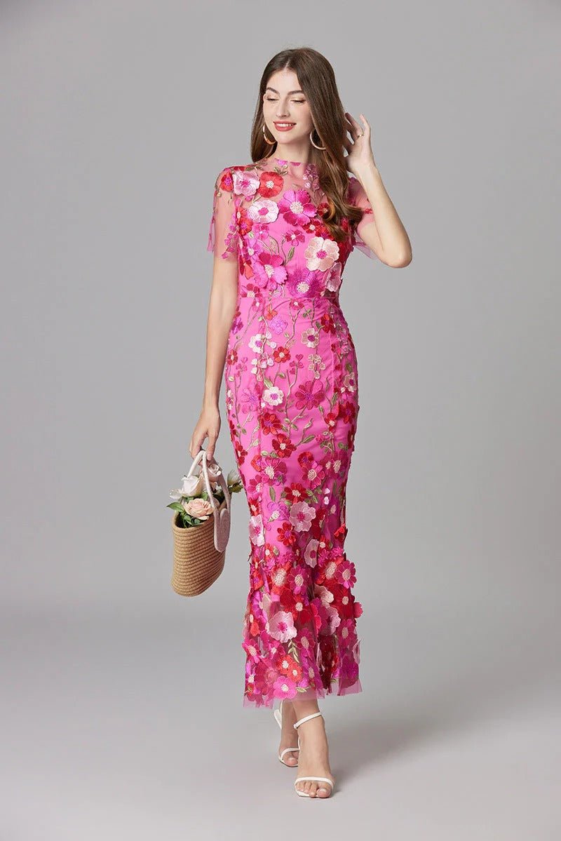 Women's beige 3D floral applique evening maxi dress with sheer mesh overlay