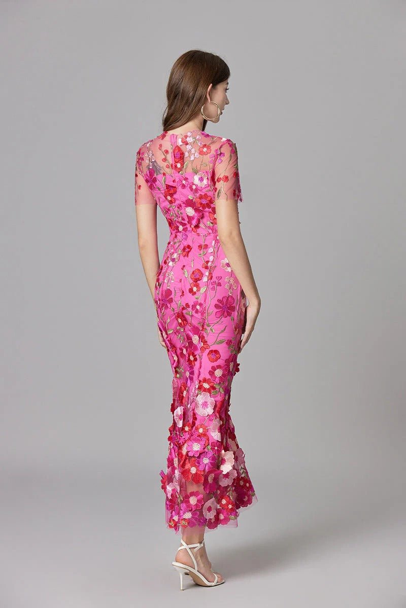 Women's beige 3D floral applique evening maxi dress with sheer mesh overlay