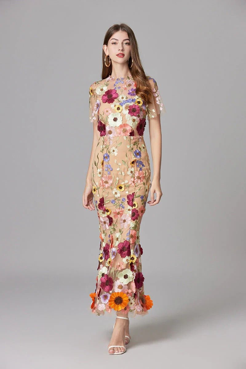 Women's beige 3D floral applique evening maxi dress with sheer mesh overlay