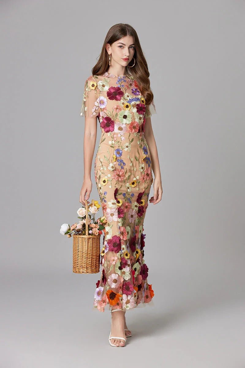 Women's beige 3D floral applique evening maxi dress with sheer mesh overlay