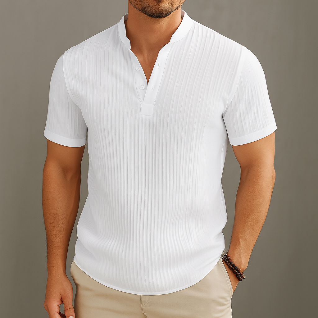 Men's linen popover shirt with a grandad collar