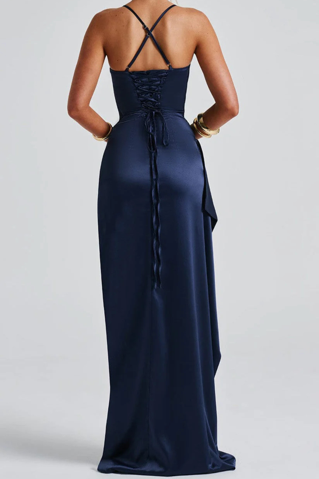 Women's strappy ruched maxi dress with high slit