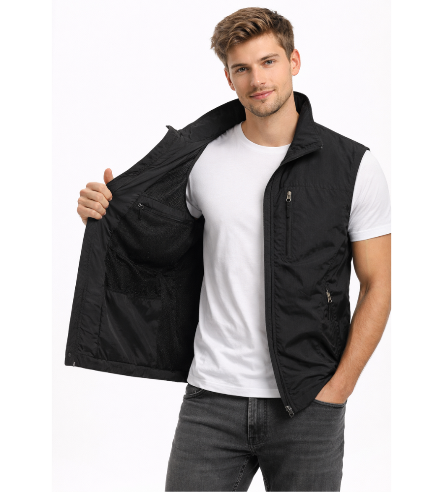 Men's black sleeveless bodywarmer gilet with a zip front and stand-up collar