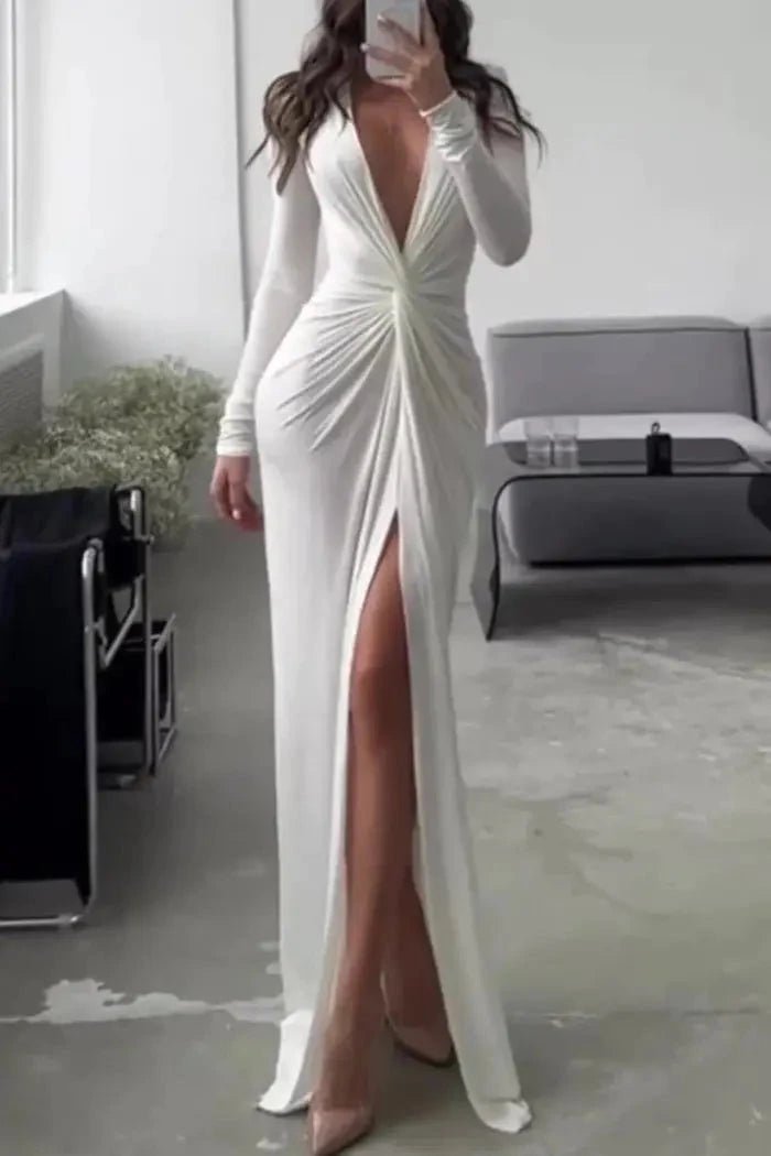 Women's white pleated a-line midi dress with a v-neck