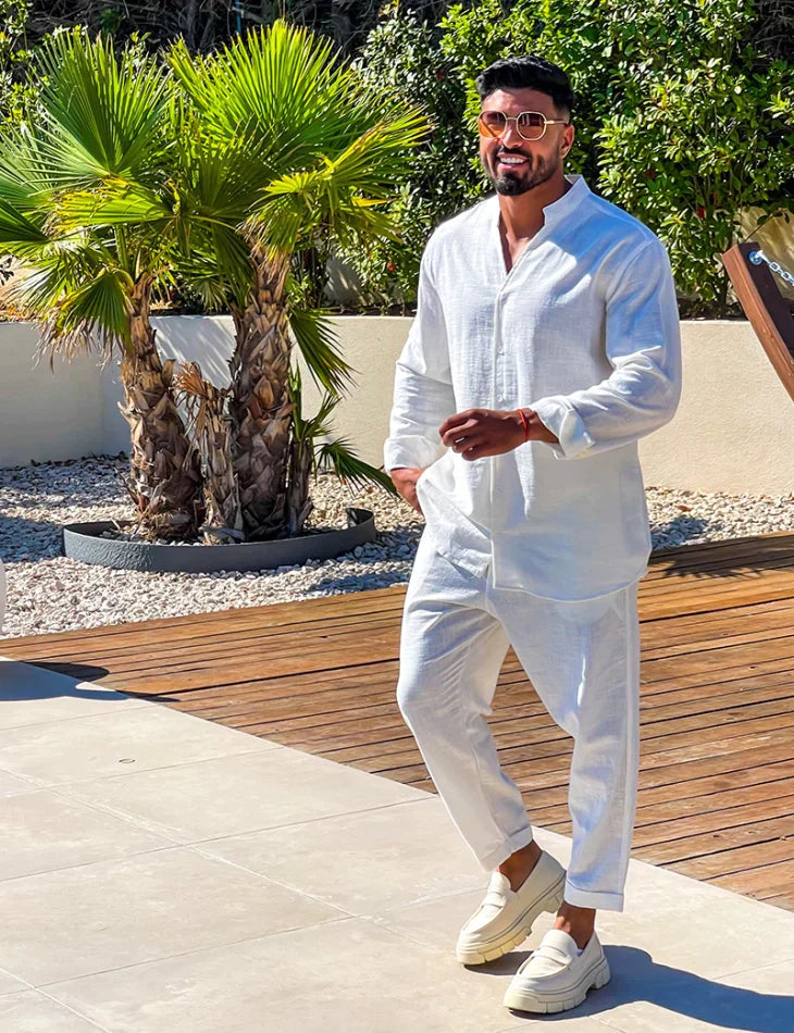 Men's black linen shirt and trouser co-ord set