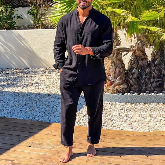 Men's black linen shirt and trouser co-ord set