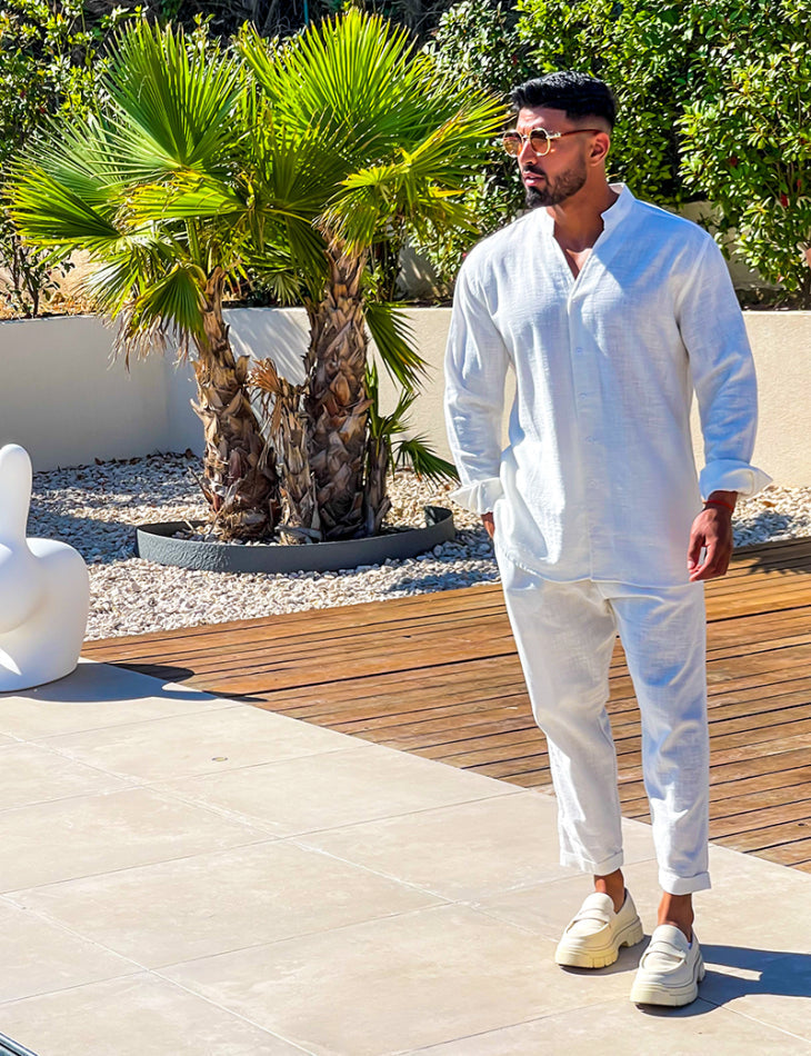 Men's black linen shirt and trouser co-ord set