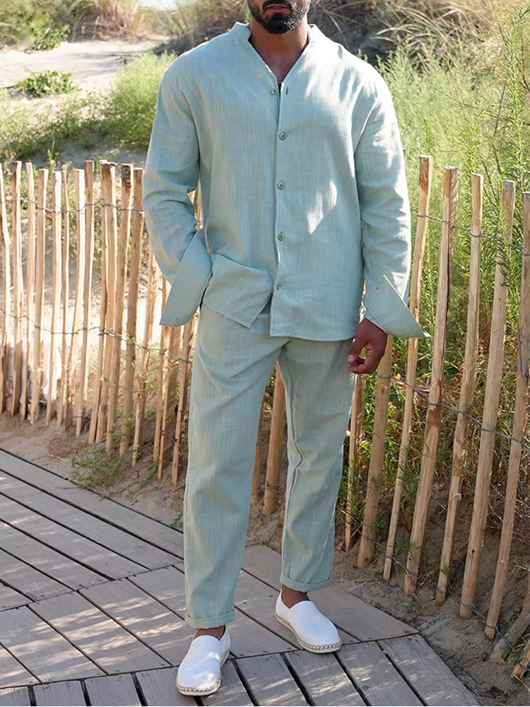Men's black linen shirt and trouser co-ord set