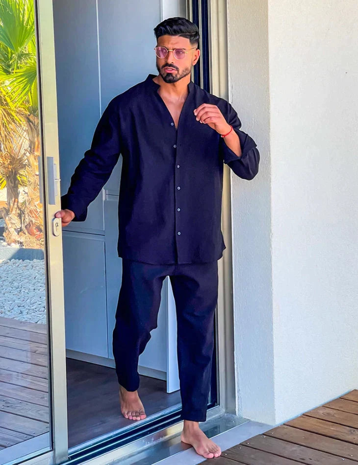 Men's black linen shirt and trouser co-ord set