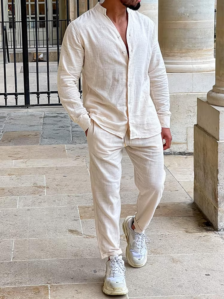 Men's white linen shirt and trouser co-ord set