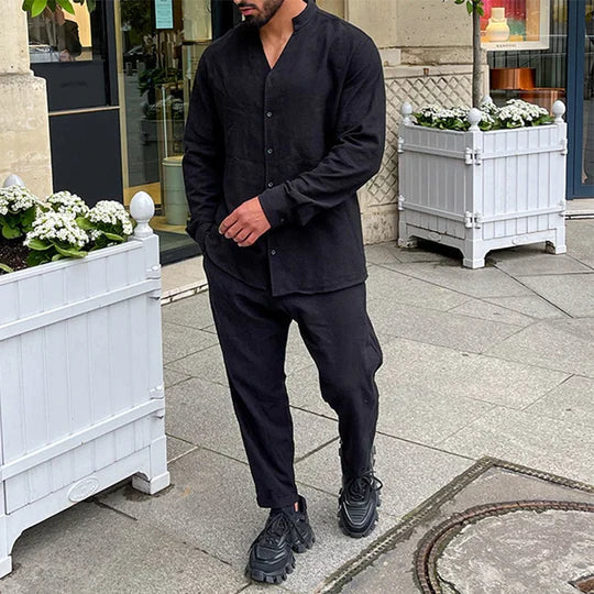 Men's white linen shirt and trouser co-ord set