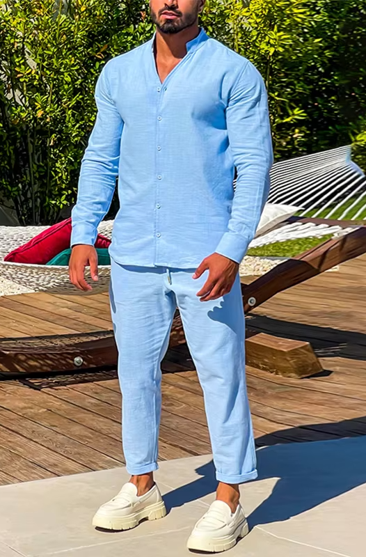 Men's white linen shirt and trouser co-ord set