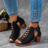 Block Heel Sandals Lattice Cut-Out Ankle Strap