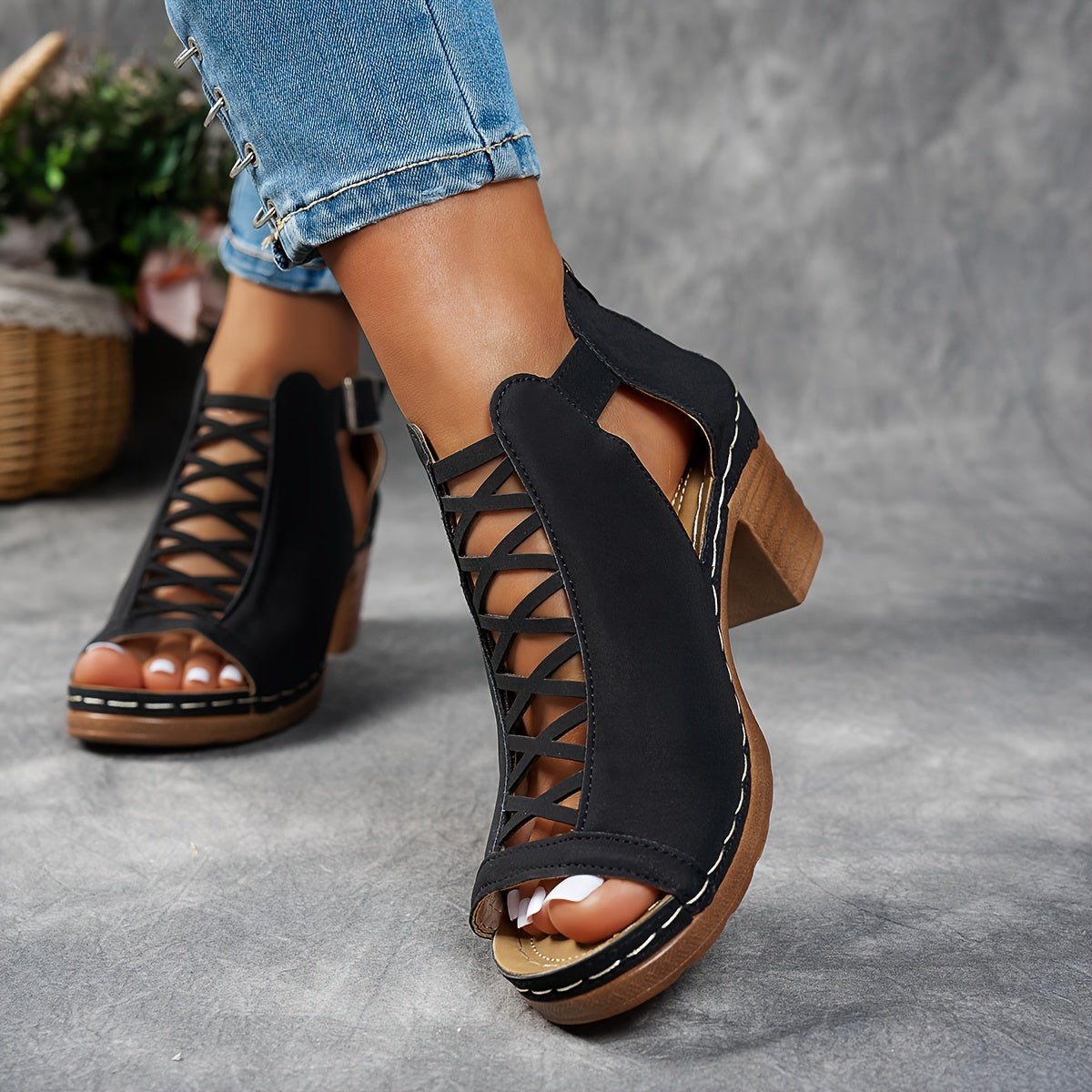 Block Heel Sandals Lattice Cut-Out Ankle Strap 2