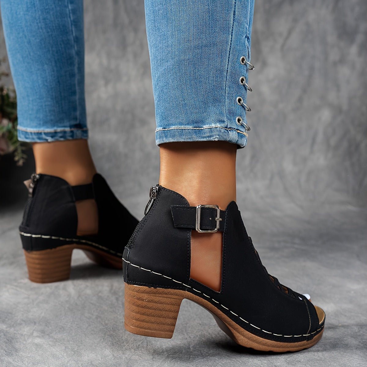Block Heel Sandals Lattice Cut-Out Ankle Strap 3