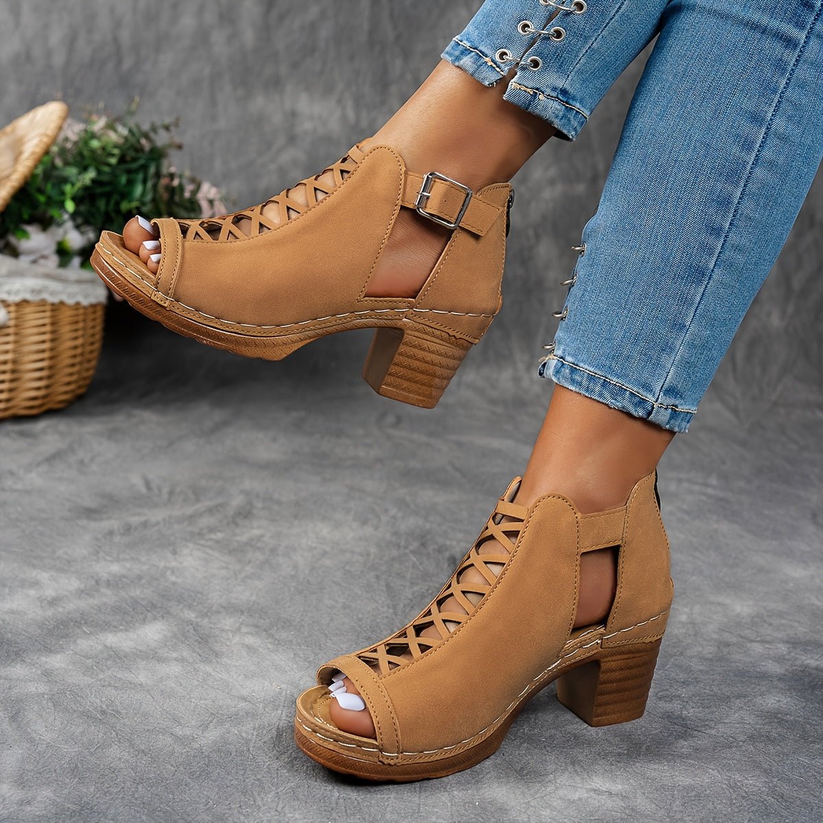 Block Heel Sandals Lattice Cut-Out Ankle Strap 6