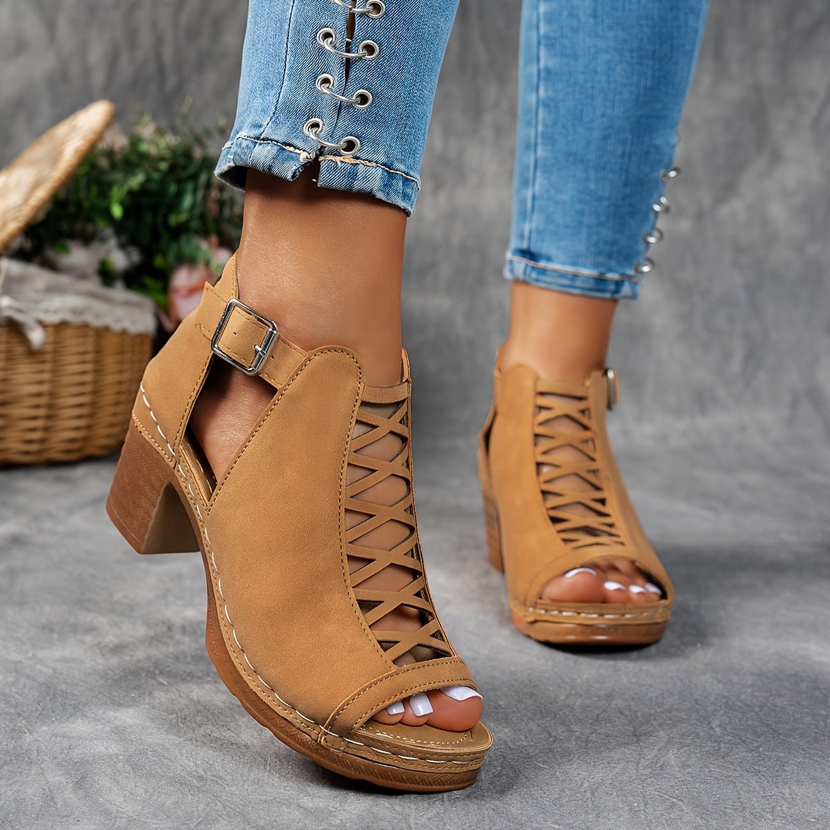 Block Heel Sandals Lattice Cut-Out Ankle Strap 7