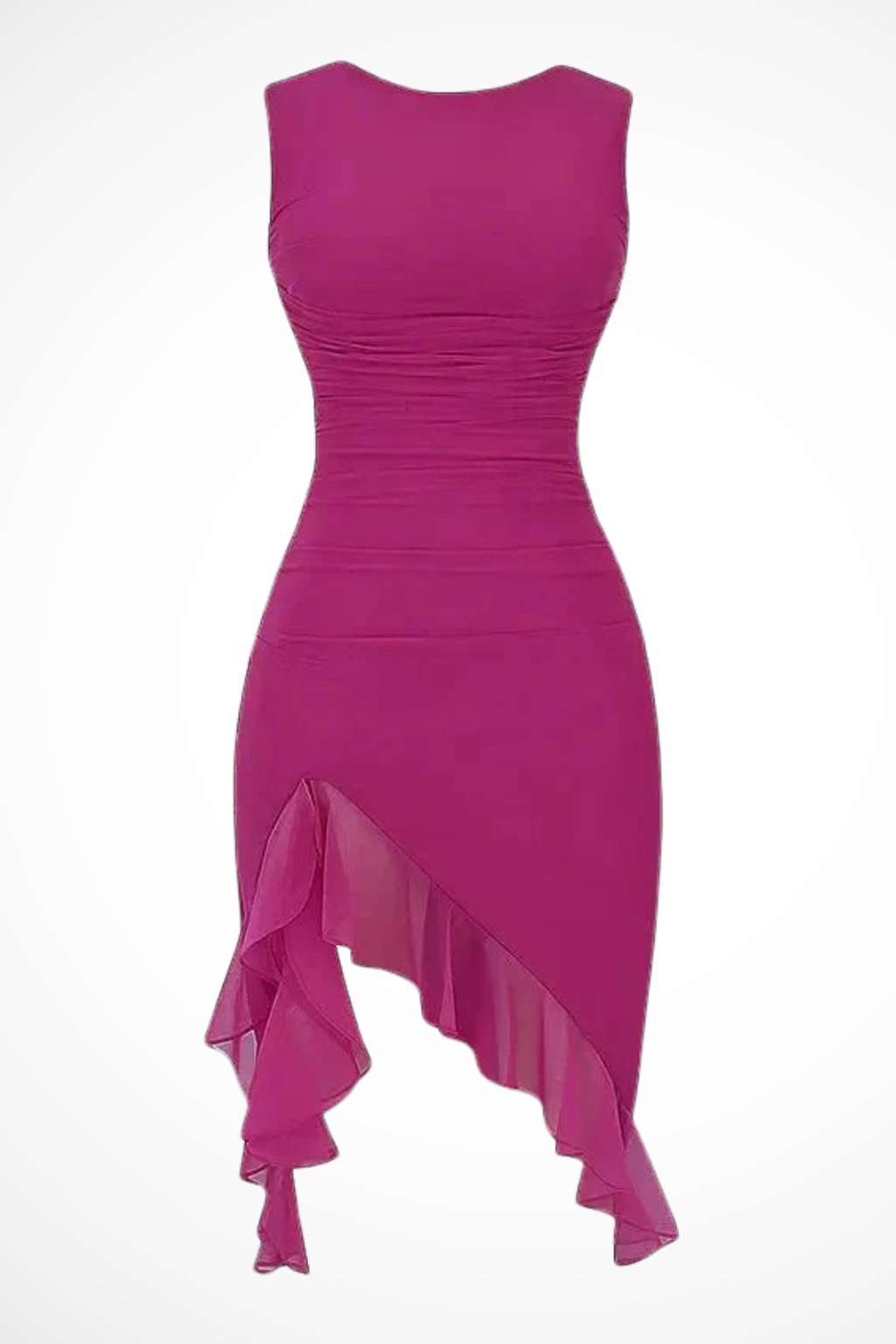 Women's mesh ruched midi dress with ruffle slit