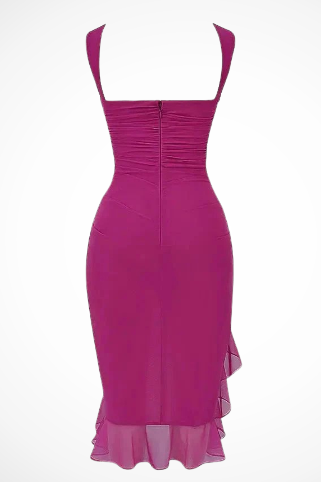 Women's mesh ruched midi dress with ruffle slit