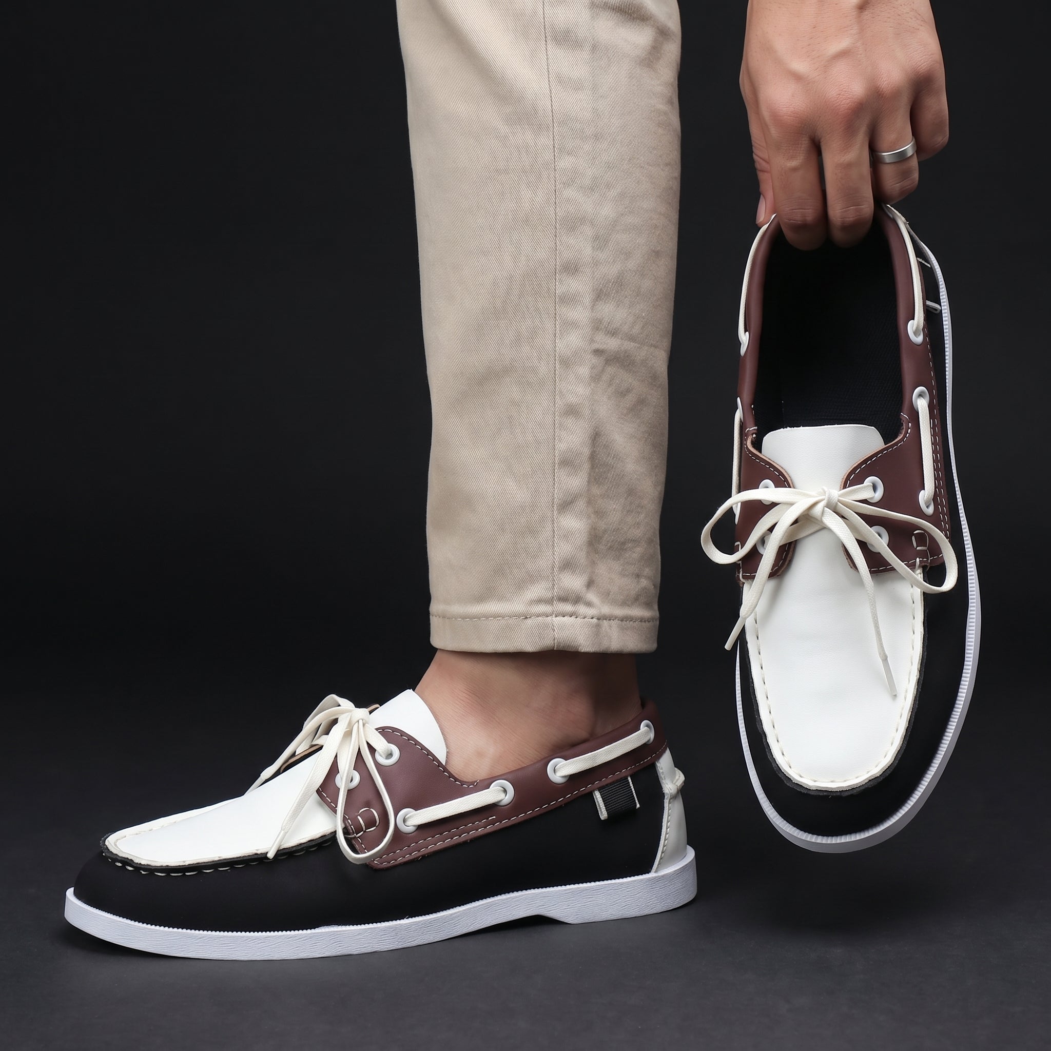Men's white lace-up boat deck shoes