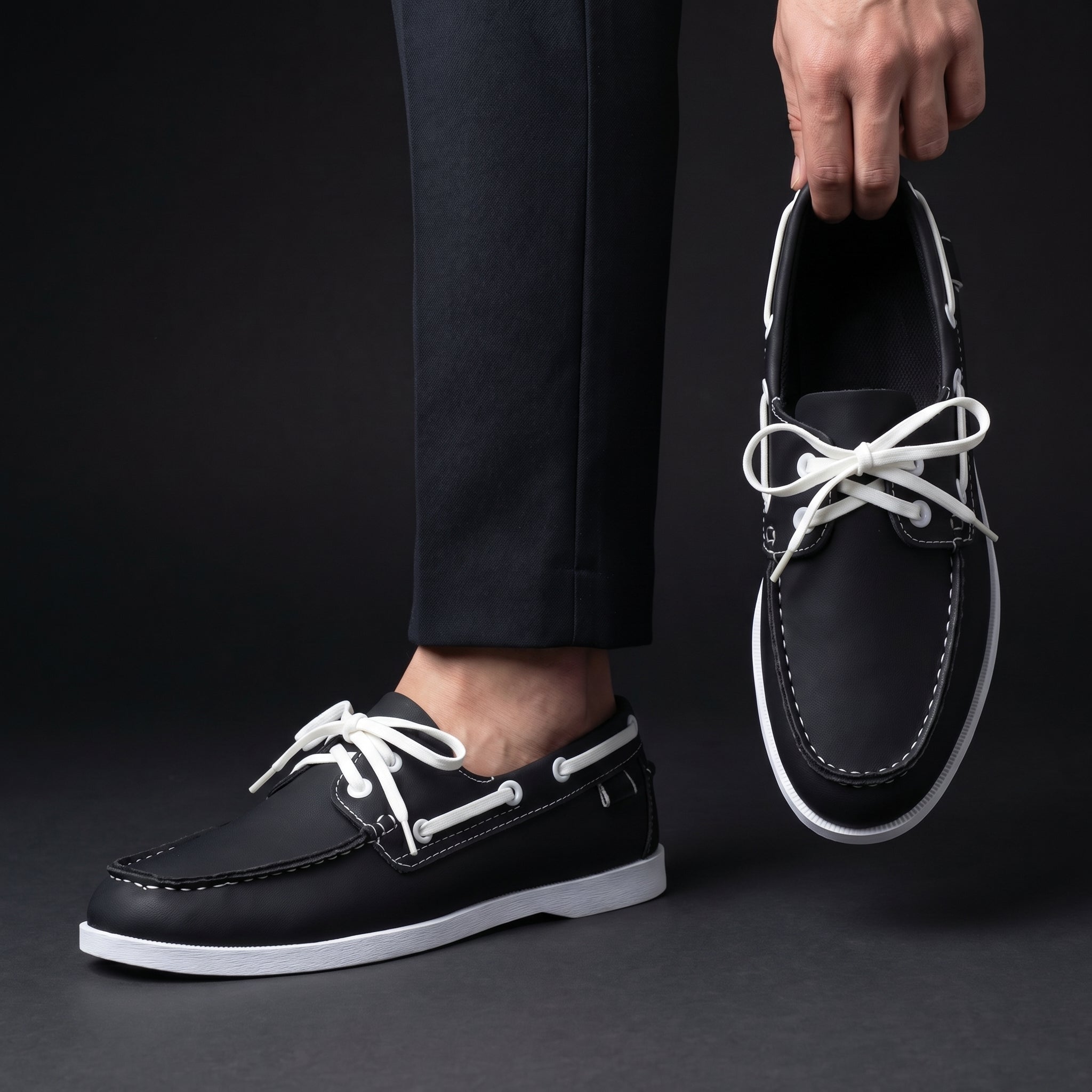 Men's white lace-up boat deck shoes