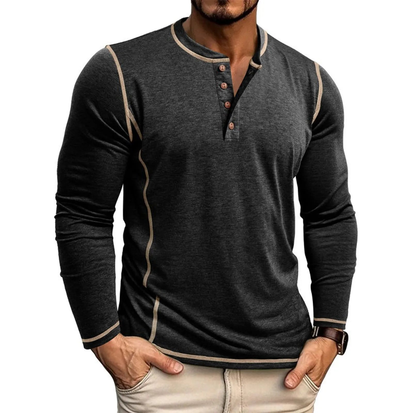 Men's khaki classic long-sleeve shirt