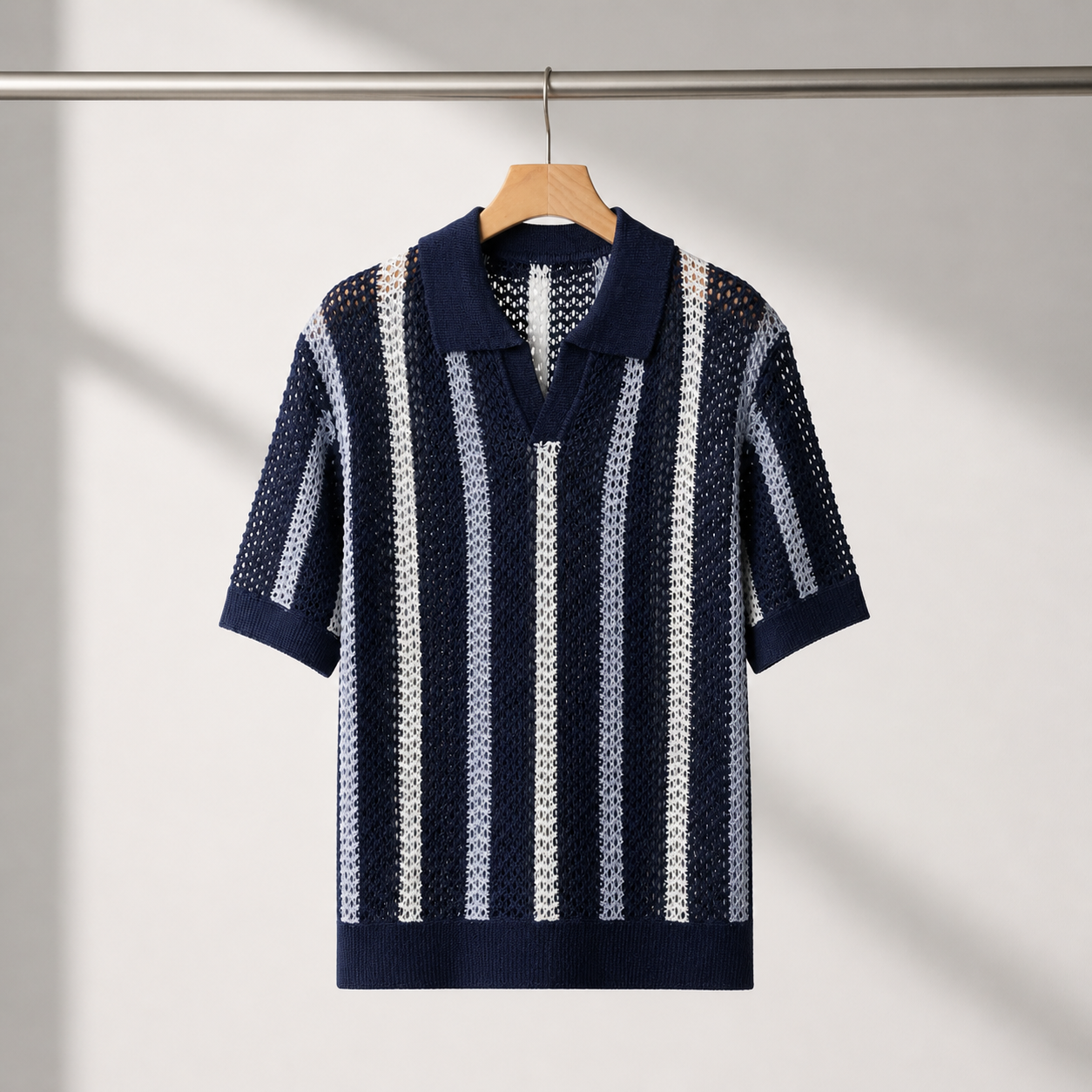 Men's navy blue open knit collared polo shirt