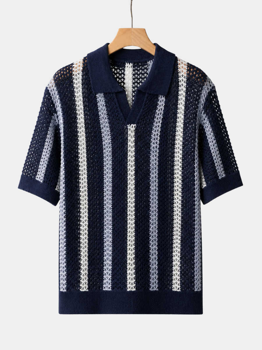 Men's navy blue open knit collared polo shirt