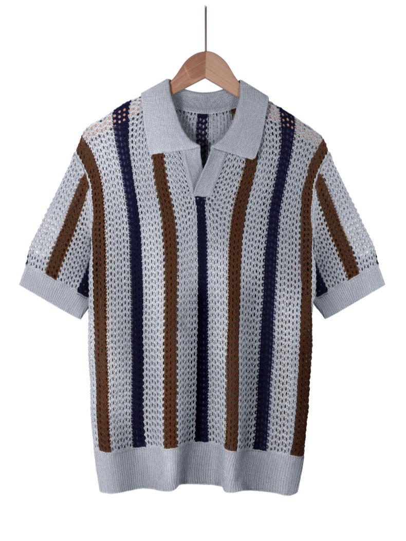 Men's navy blue open knit collared polo shirt