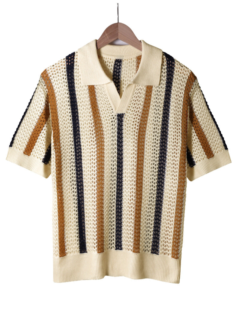 Men's navy blue open knit collared polo shirt