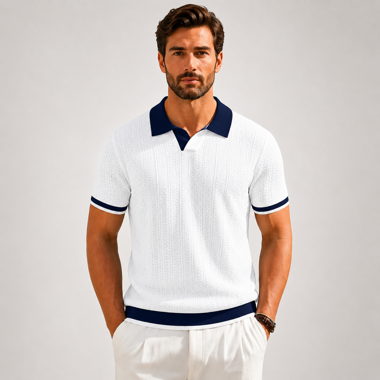 Men's white textured knit polo shirt